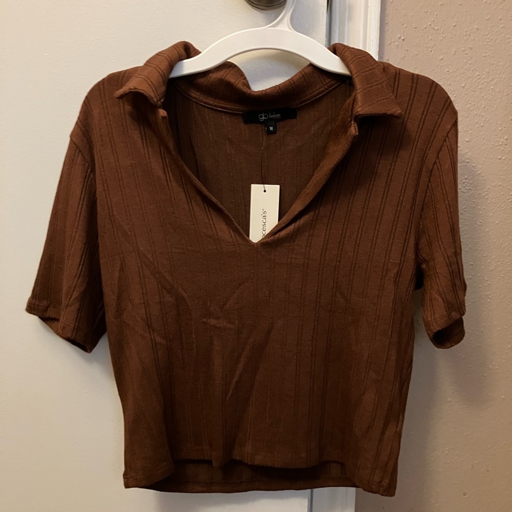 NWT Francesca’s gb fashion Ribbed Brown Short Sleeved Polo, Medium